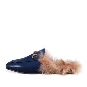 Blue Gucci Princetown Loafers with Fur